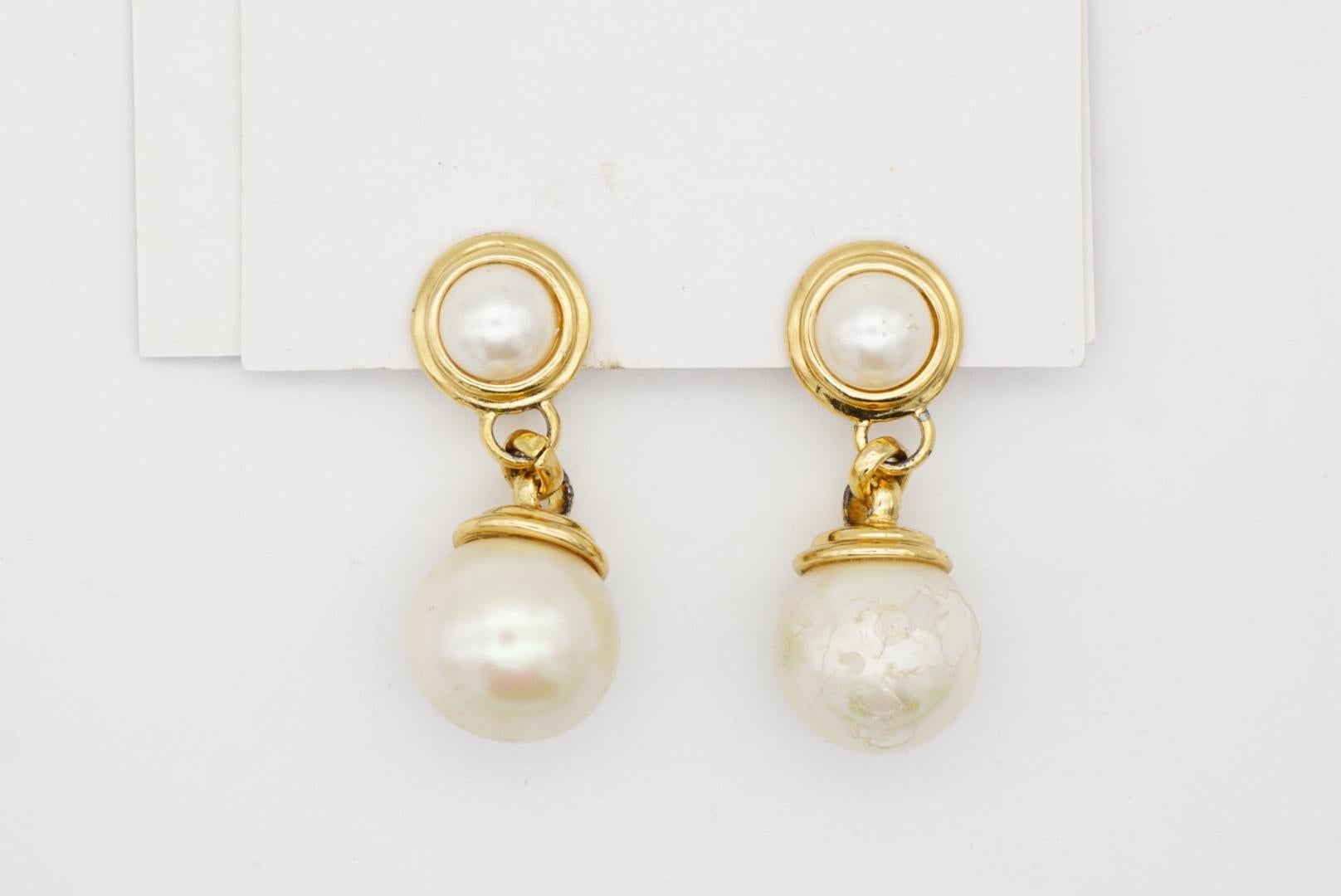Christian Dior Vintage 1980s Double White Round Pearls Drop Gold Clip Earrings For Sale 1