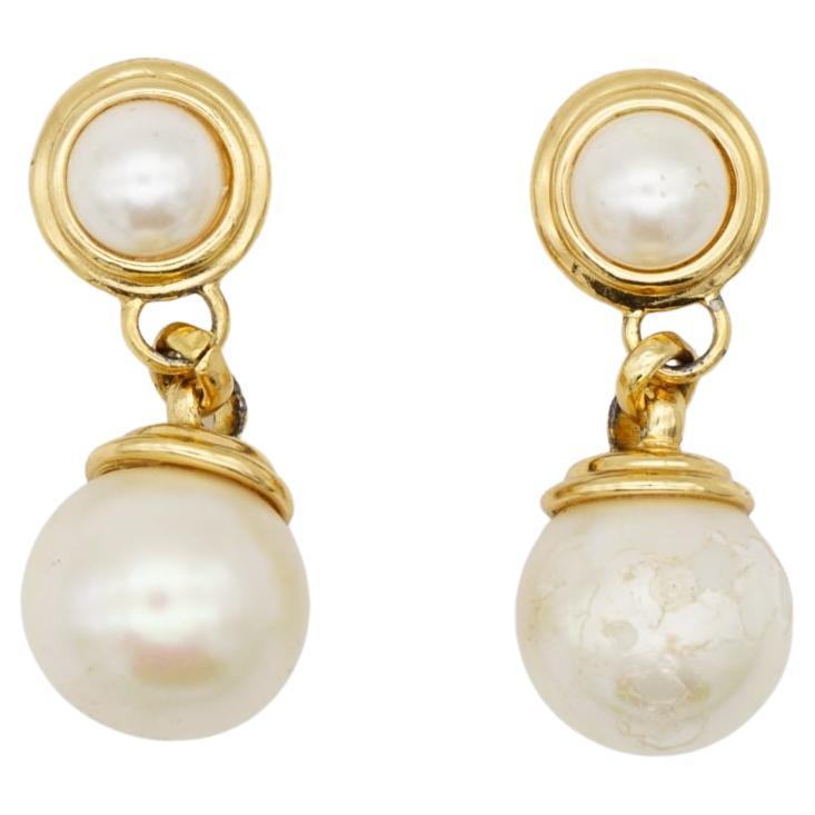 Christian Dior Vintage 1980s Double White Round Pearls Drop Gold Clip Earrings For Sale