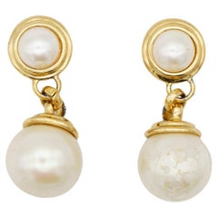 Christian Dior Vintage 1980 Double perles rondes blanches Drop Clips or