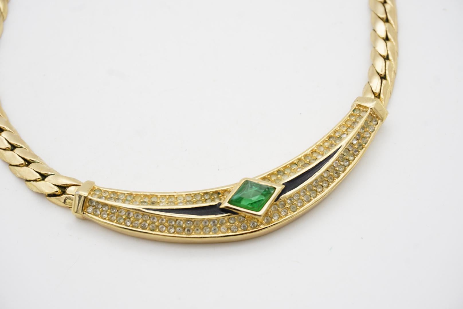 Christian Dior Vintage 1980s Emerald Green Gripoix Black Crystals Gold Necklace For Sale 5
