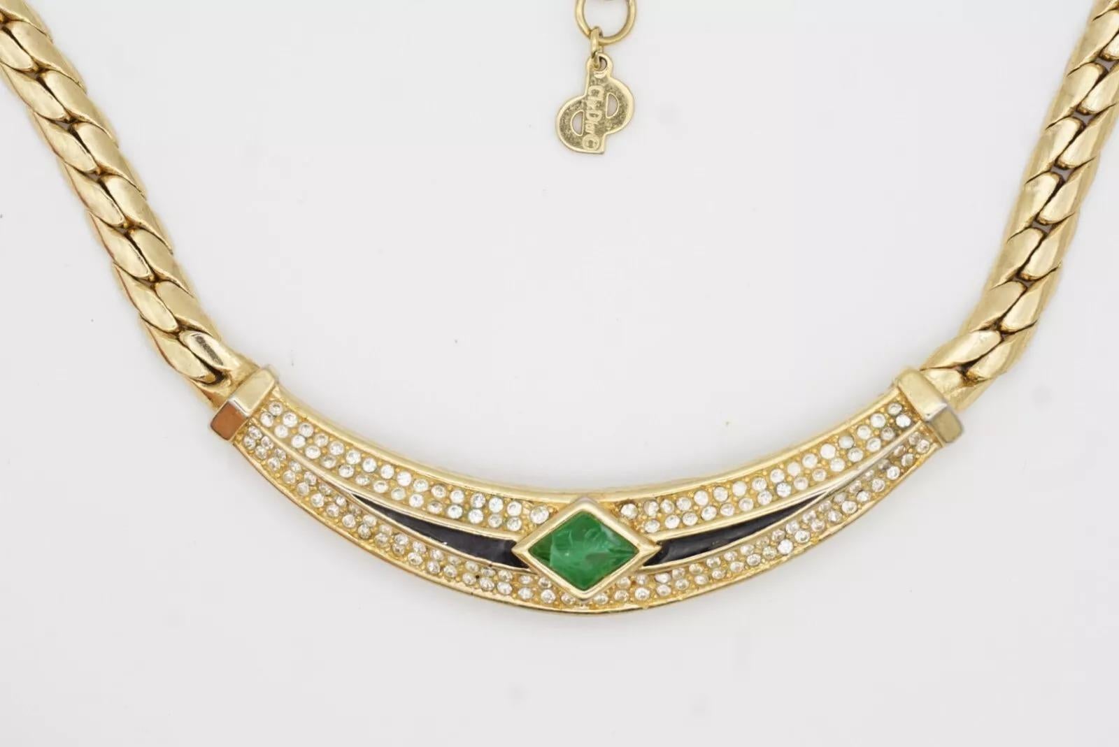 Christian Dior Vintage 1980s Emerald Green Gripoix Black Crystals Gold Necklace For Sale 5