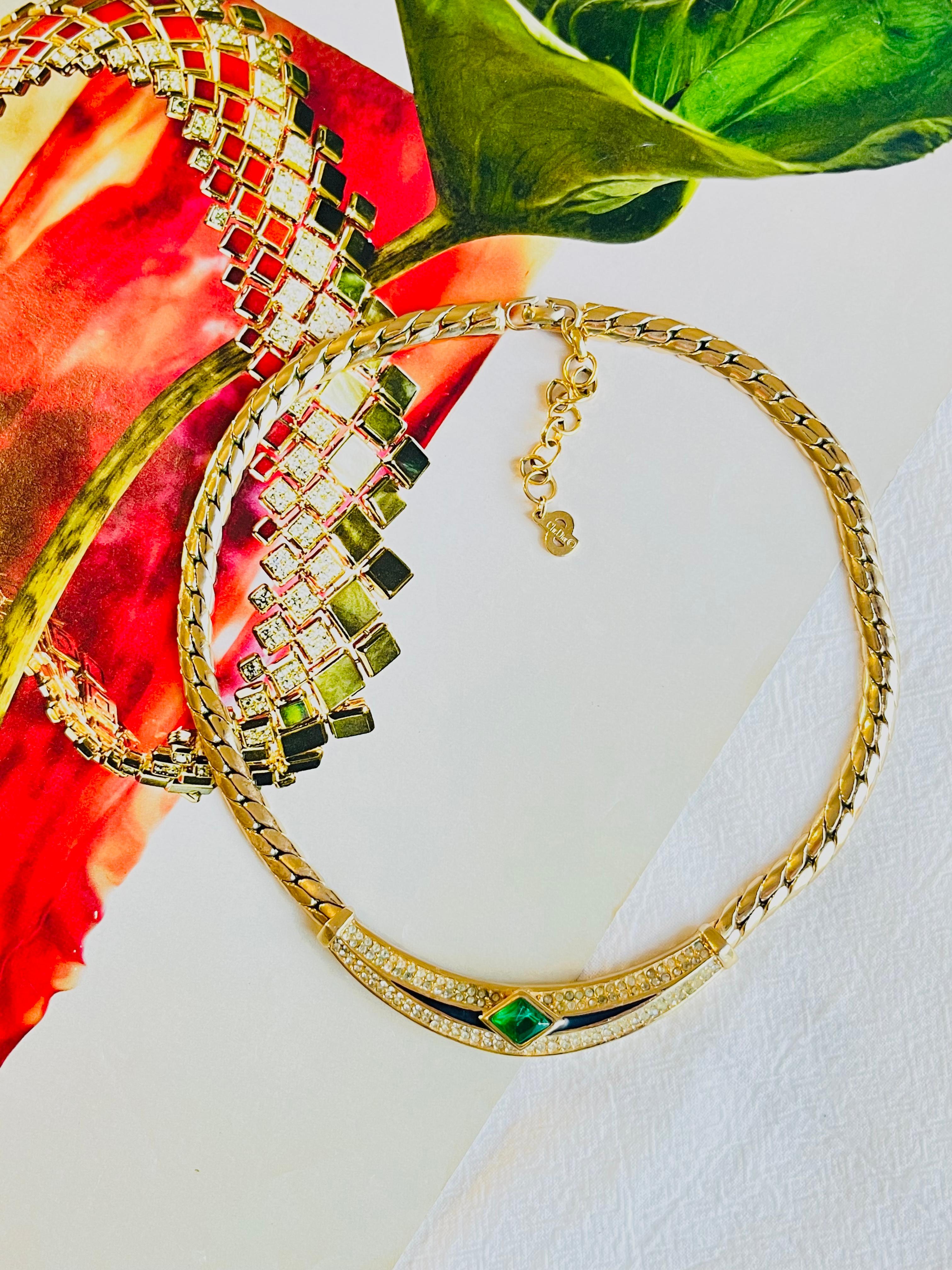 Women's or Men's Christian Dior Vintage 1980s Emerald Green Gripoix Black Crystals Gold Necklace For Sale