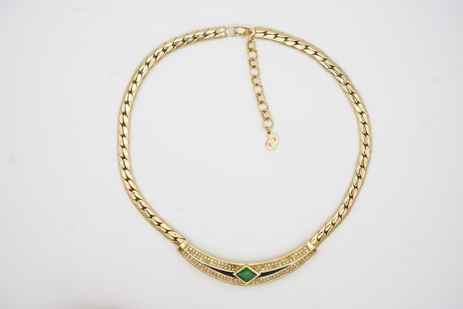 Christian Dior Vintage 1980s Emerald Green Gripoix Black Crystals Gold Necklace For Sale 4