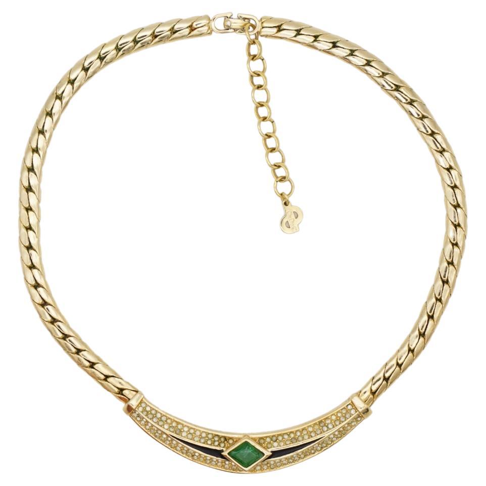 Christian Dior Vintage 1980s Emerald Green Gripoix Black Crystals Gold Necklace For Sale
