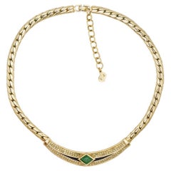 Christian Dior Vintage 1980s Emerald Green Gripoix Black Crystals Gold Necklace