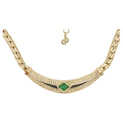 Christian Dior Vintage 1980s Emerald Green Gripoix Black Crystals Gold Necklace