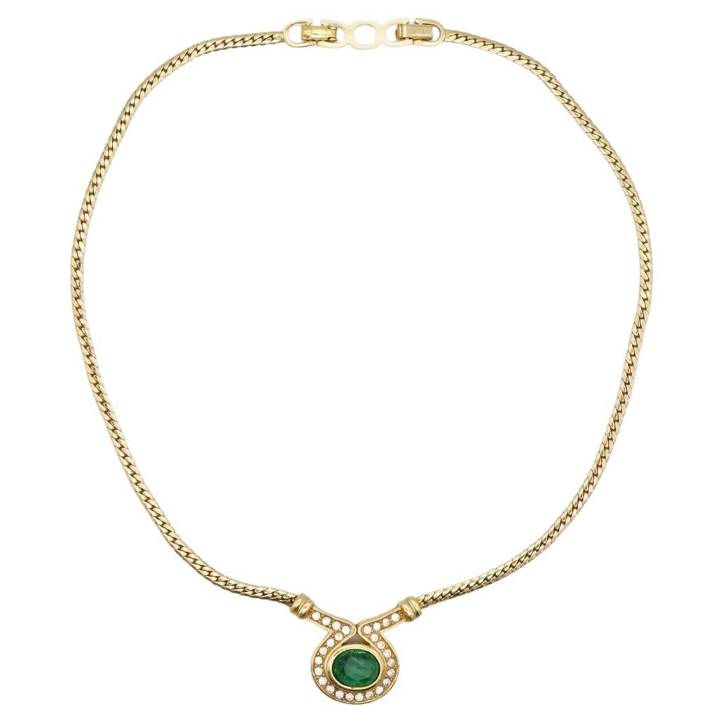 Christian Dior Vintage 1980s Emerald Green Gripoix Oval Pendant Crystal Necklace For Sale
