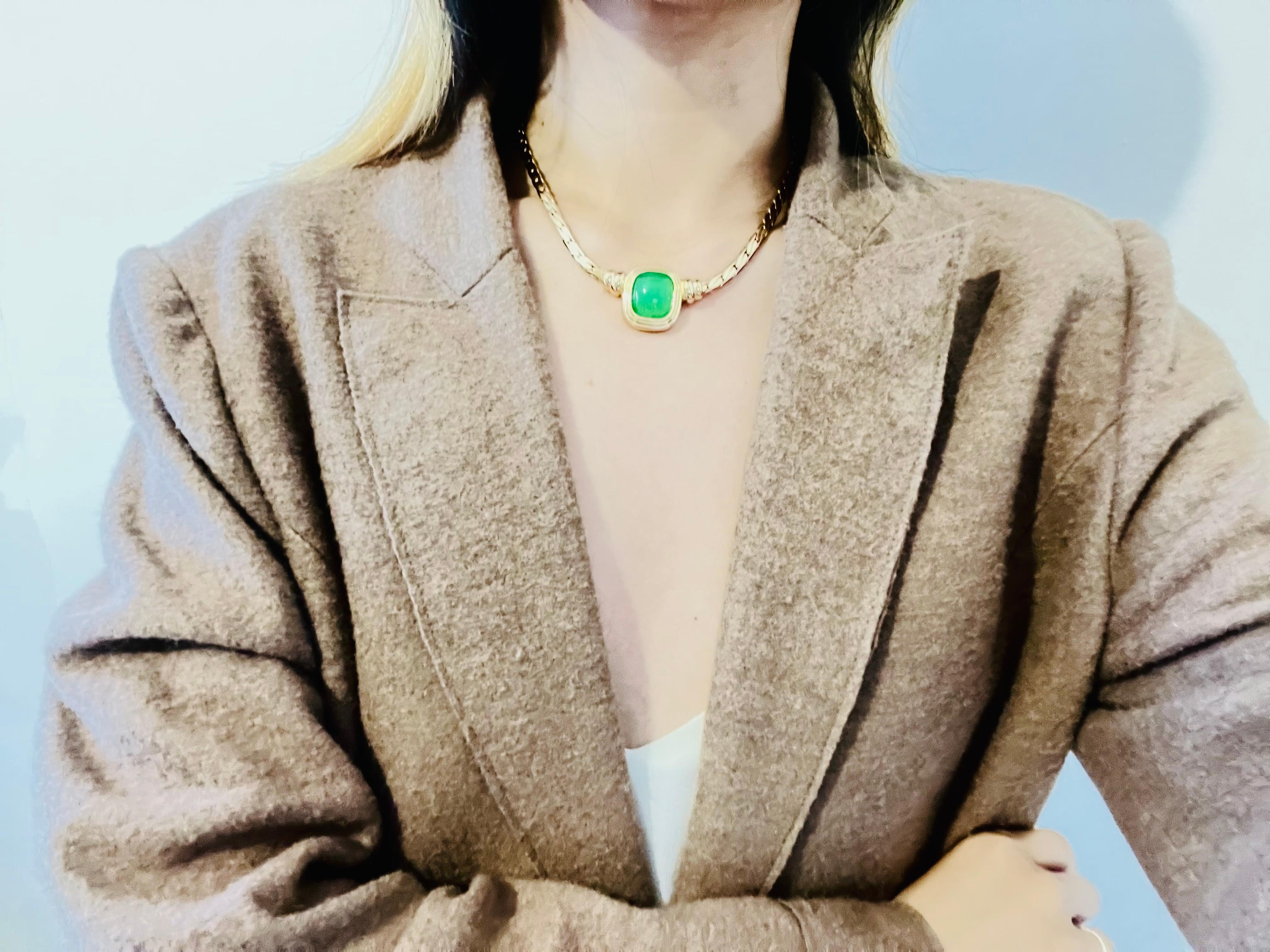 Christian Dior Vintage 1980s Emerald Green Rectangle Cabochon Pendant Necklace In Excellent Condition For Sale In Wokingham, England