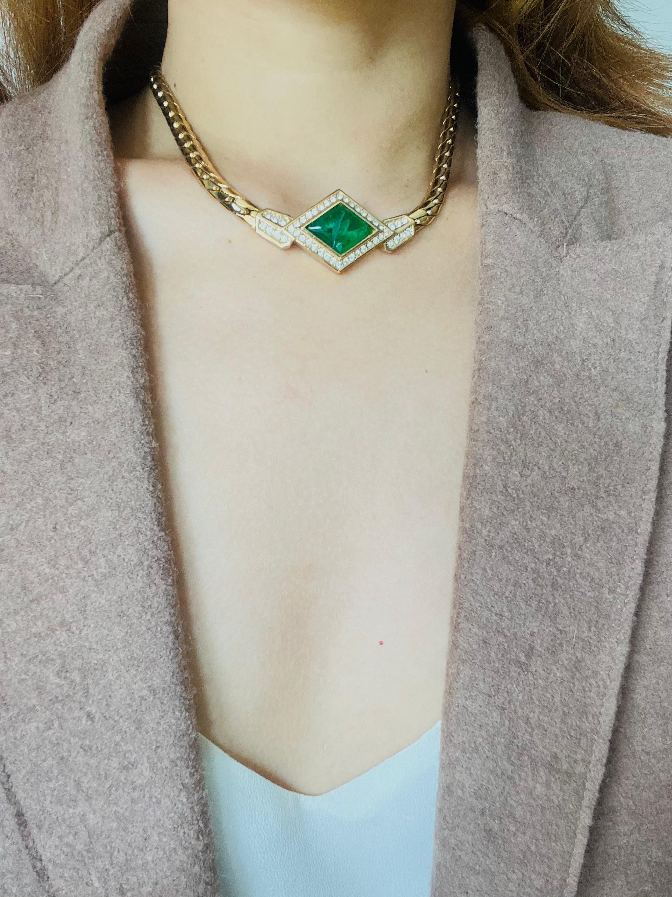 Women's or Men's Christian Dior Vintage 1980s Emerald Gripoix Diamond Crystals Pendant Necklace For Sale