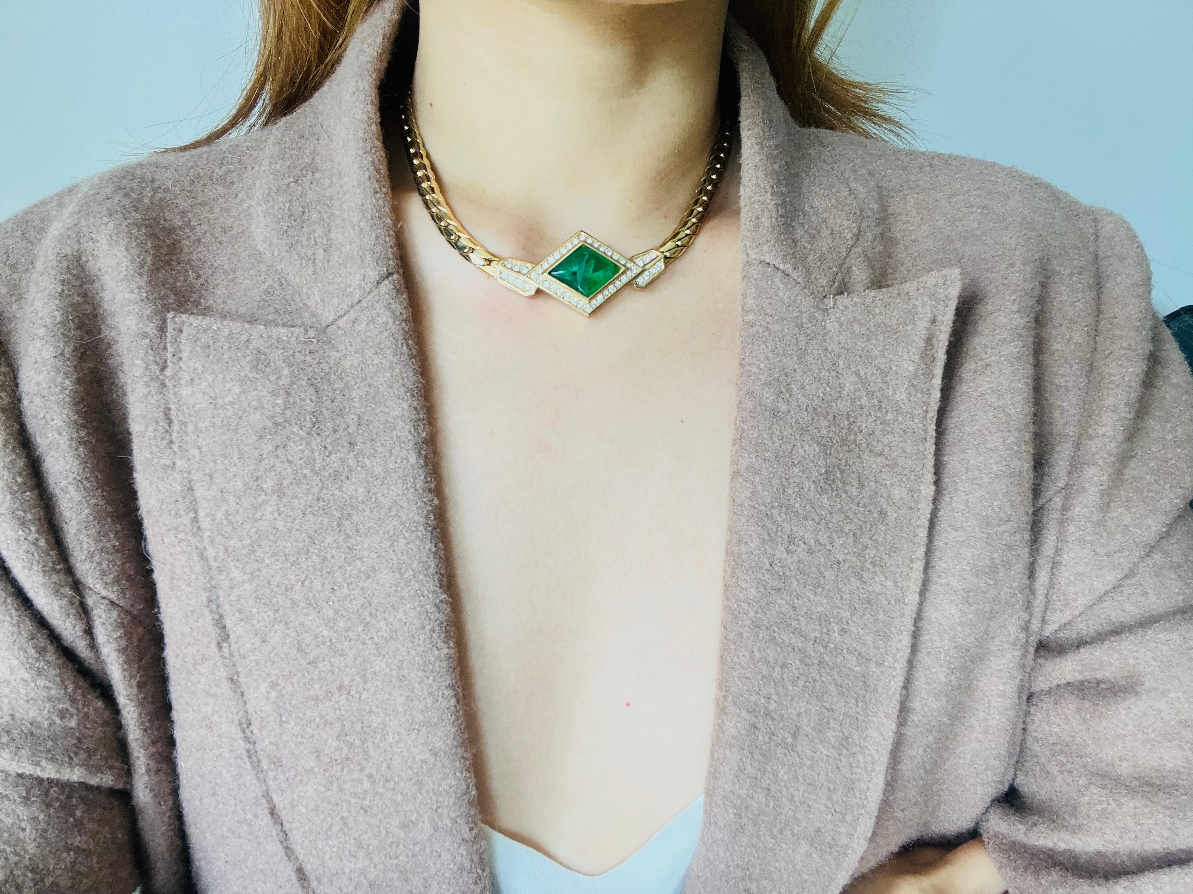 Christian Dior Vintage 1980s Emerald Gripoix Diamond Crystals Pendant Necklace For Sale 1