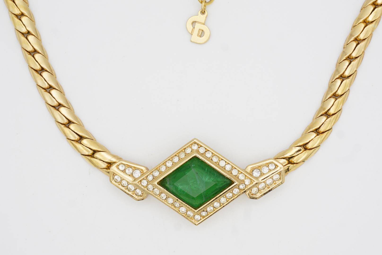 Christian Dior Vintage 1980s Emerald Gripoix Diamond Crystals Pendant Necklace For Sale 3