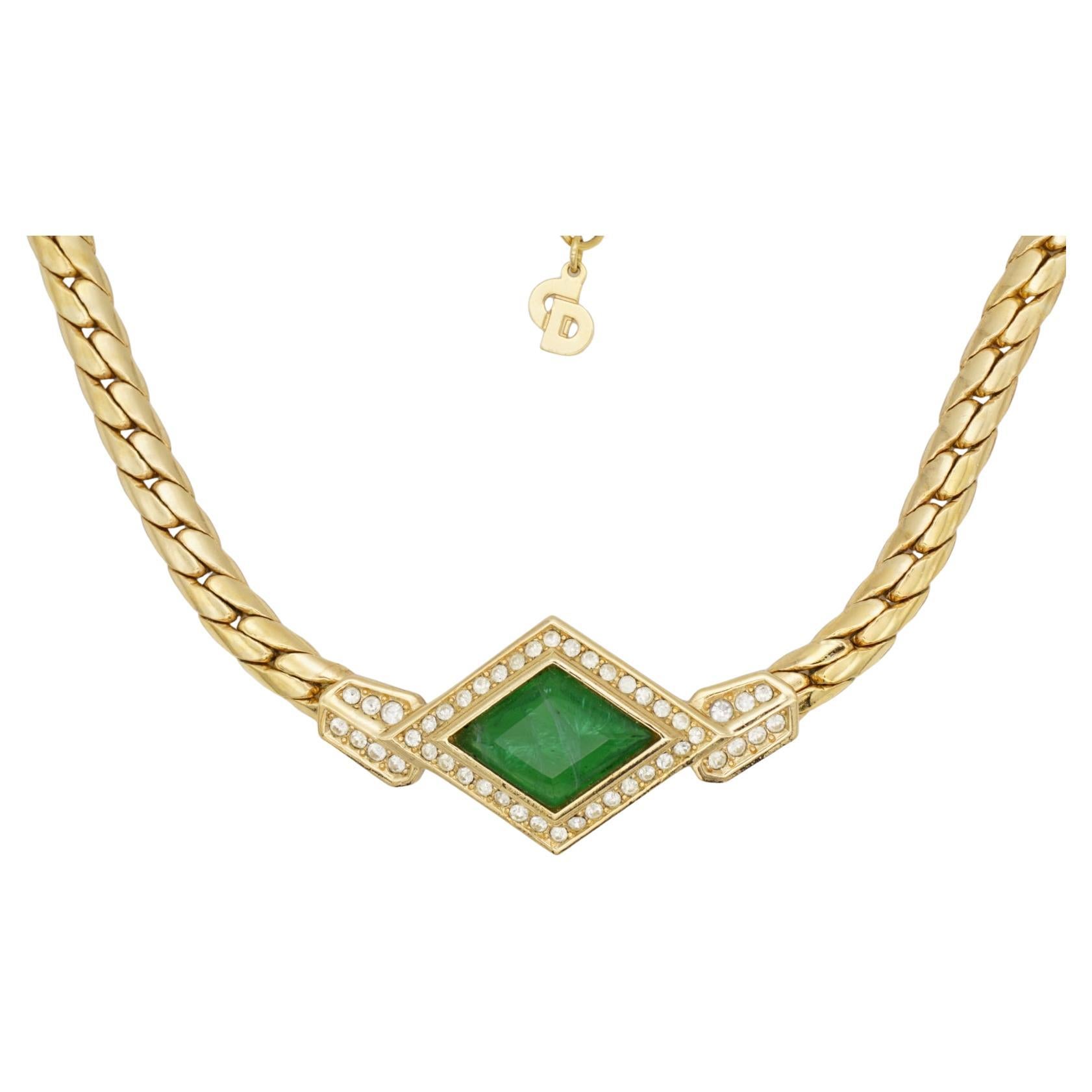 Christian Dior Vintage 1980s Emerald Gripoix Diamond Crystals Pendant Necklace For Sale