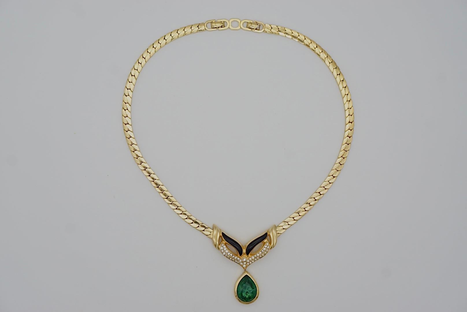 Christian Dior Vintage 1980s Emerald Water Drop Gripoix Pendant Black Necklace 1