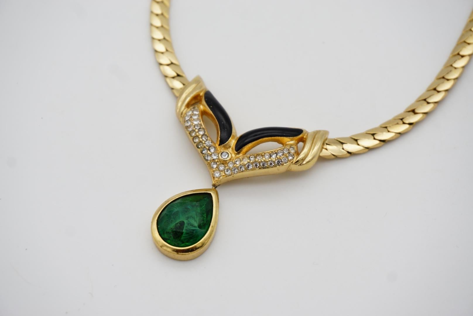 Christian Dior Vintage 1980s Emerald Water Drop Gripoix Pendant Black Necklace 2