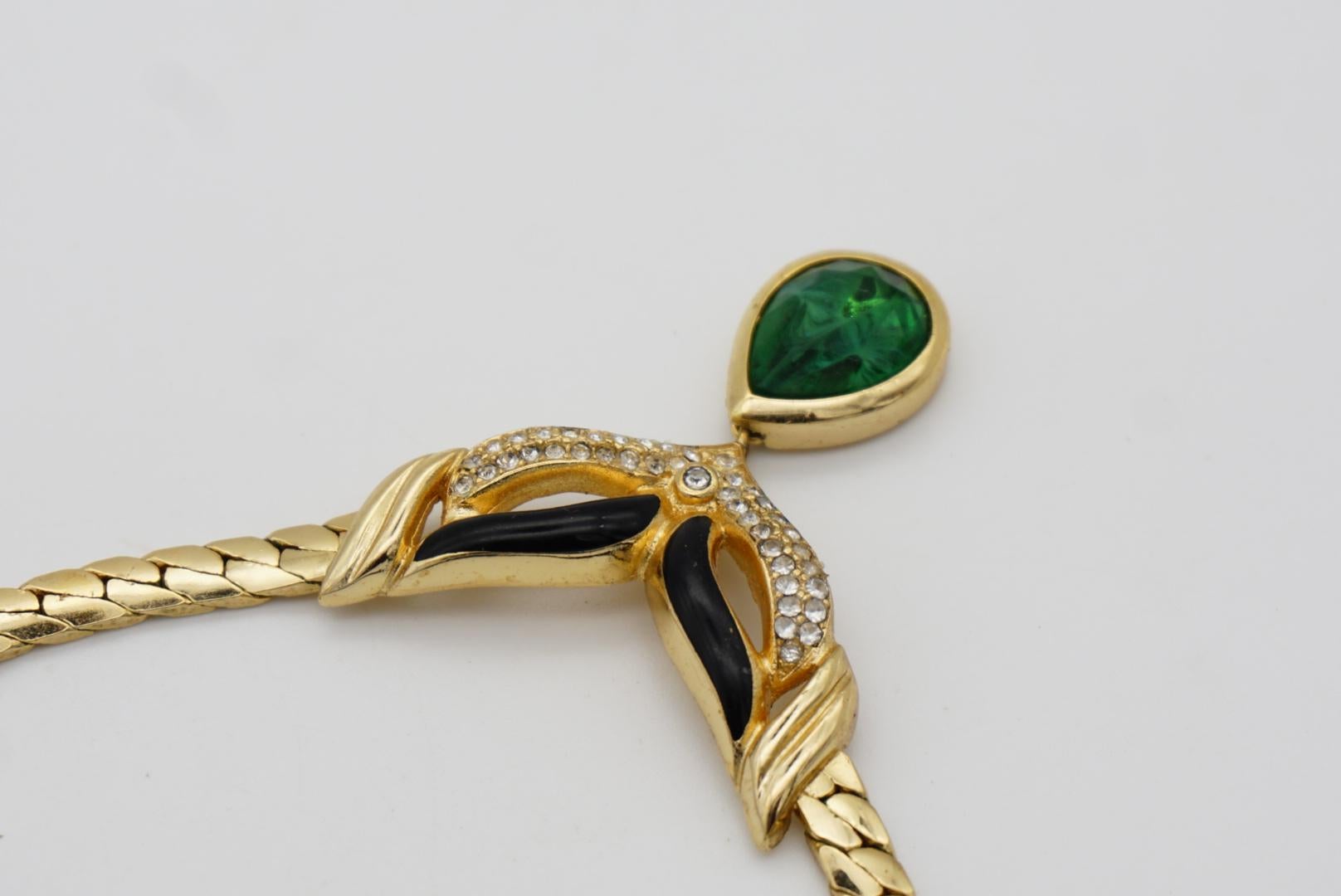 Christian Dior Vintage 1980s Emerald Water Drop Gripoix Pendant Black Necklace 3
