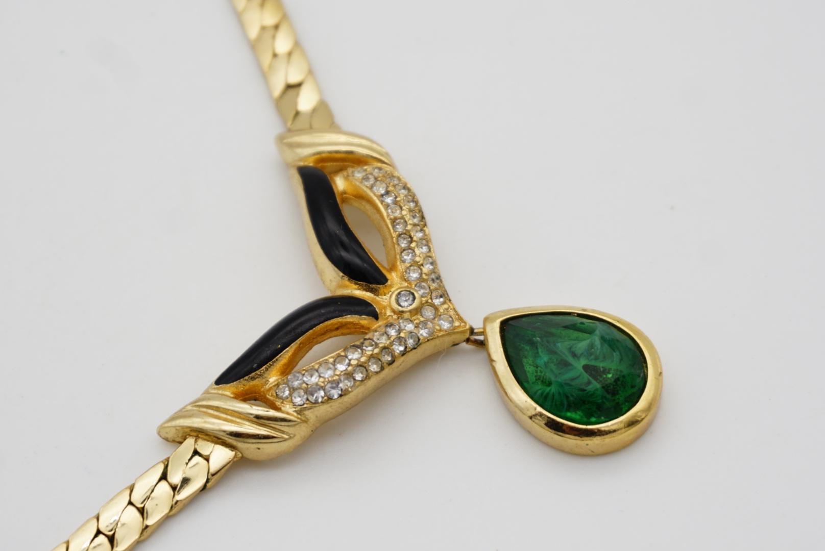 Christian Dior Vintage 1980s Emerald Water Drop Gripoix Pendant Black Necklace 4