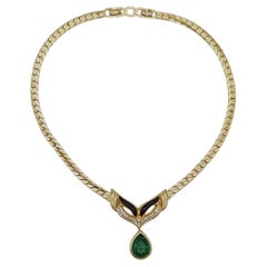 Christian Dior Vintage 1980s Emerald Water Drop Gripoix Pendant Black Necklace