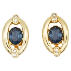 Christian Dior Vintage 1980s Evil Eye Sapphire Oval Crystals Gold Clip Earrings