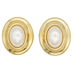 Christian Dior Vintage 1980s Extra Große Ovale Weiße Perle Elegante Clip-Ohrringe
