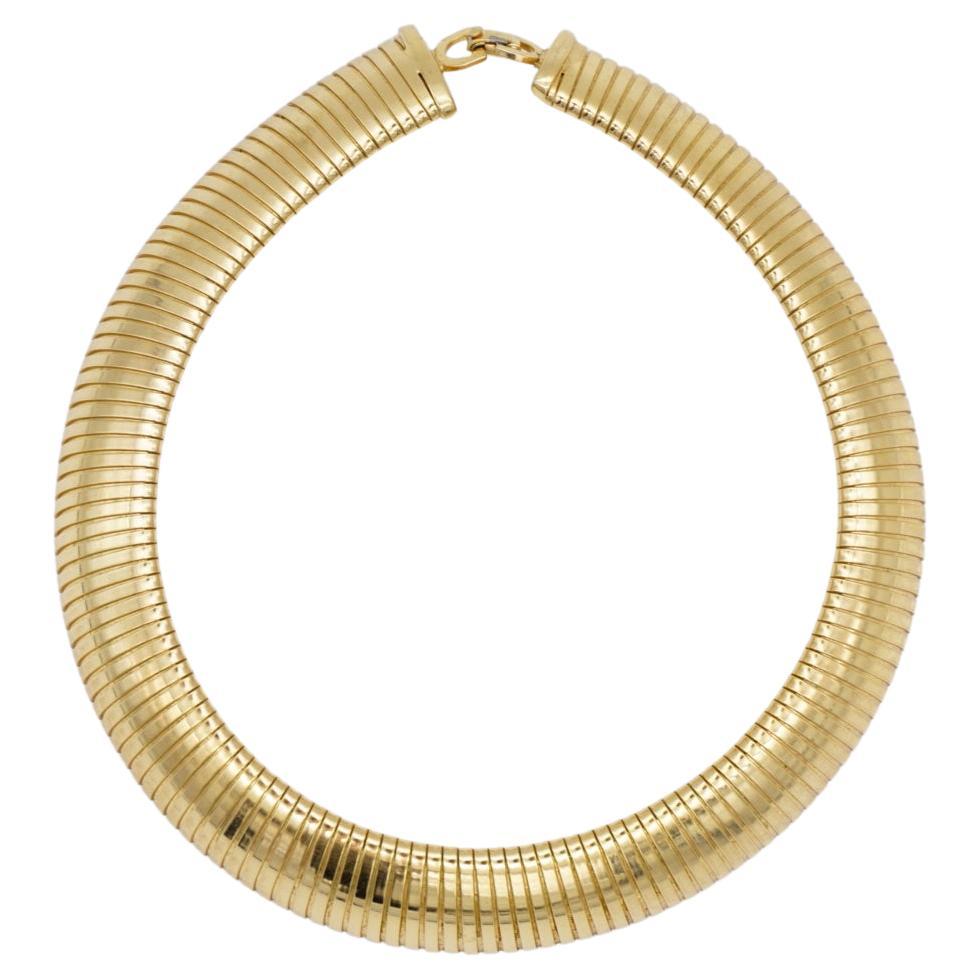 Christian Dior Vintage 1980s Extra Wide Ribbed Omega Snake Choker Gold Necklace For Sale