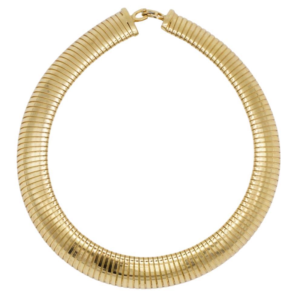 Christian Dior Vintage 1980s Extra Wide Ribbed Omega Snake Choker Gold Necklace For Sale