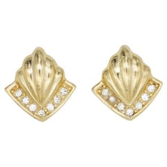 Christian Dior Retro 1980s Fan Shell Crystals Triangle Gold Clip On Earrings 