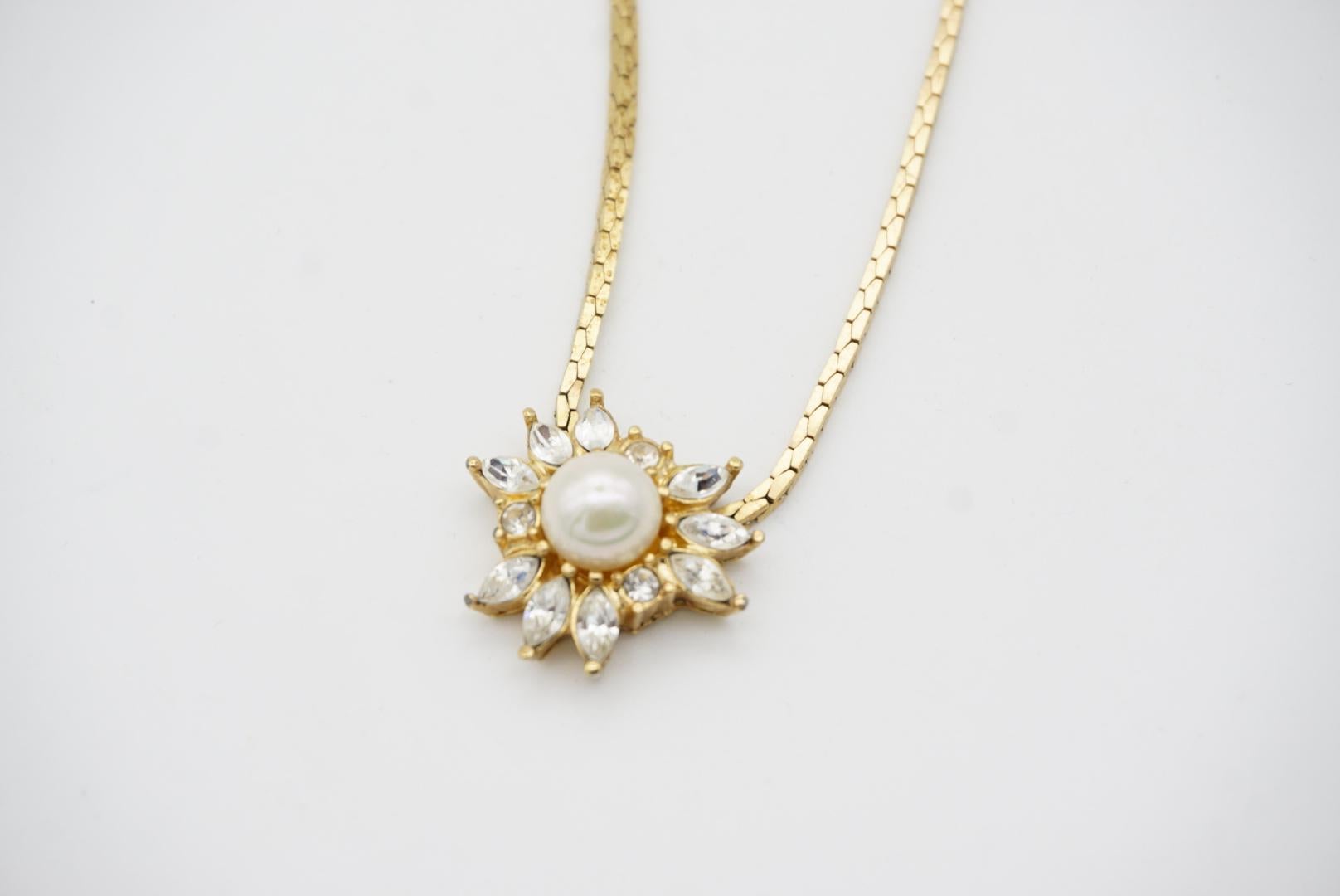 Christian Dior Vintage 1980s Floral Crystals Round Pearl Gold Pendant Necklace  In Excellent Condition For Sale In Wokingham, England