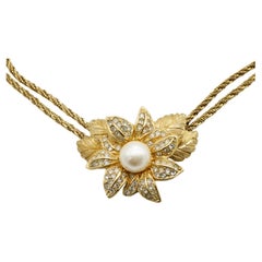 Christian Dior Vintage 1980s Floral Leaf Pearl Crystals Double Strands Necklace