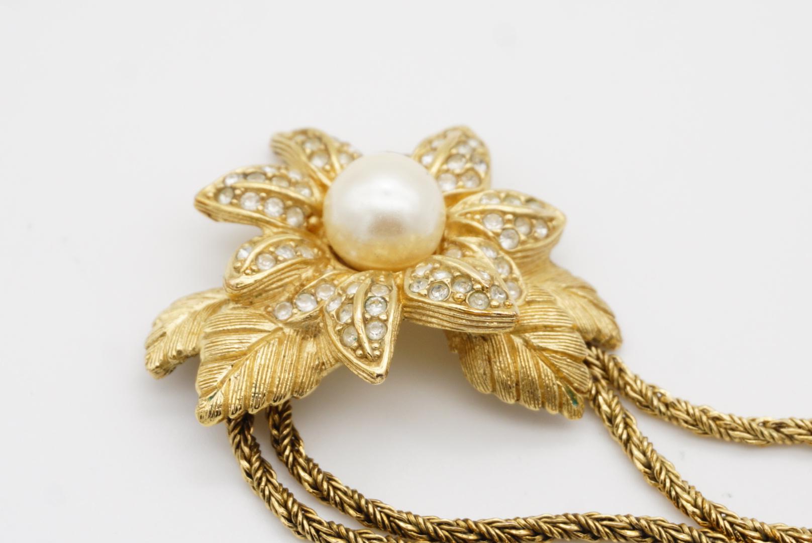 Christian Dior Vintage 1980s Floral Leaf Pearl Crystals Pendant Strand Necklace For Sale 7