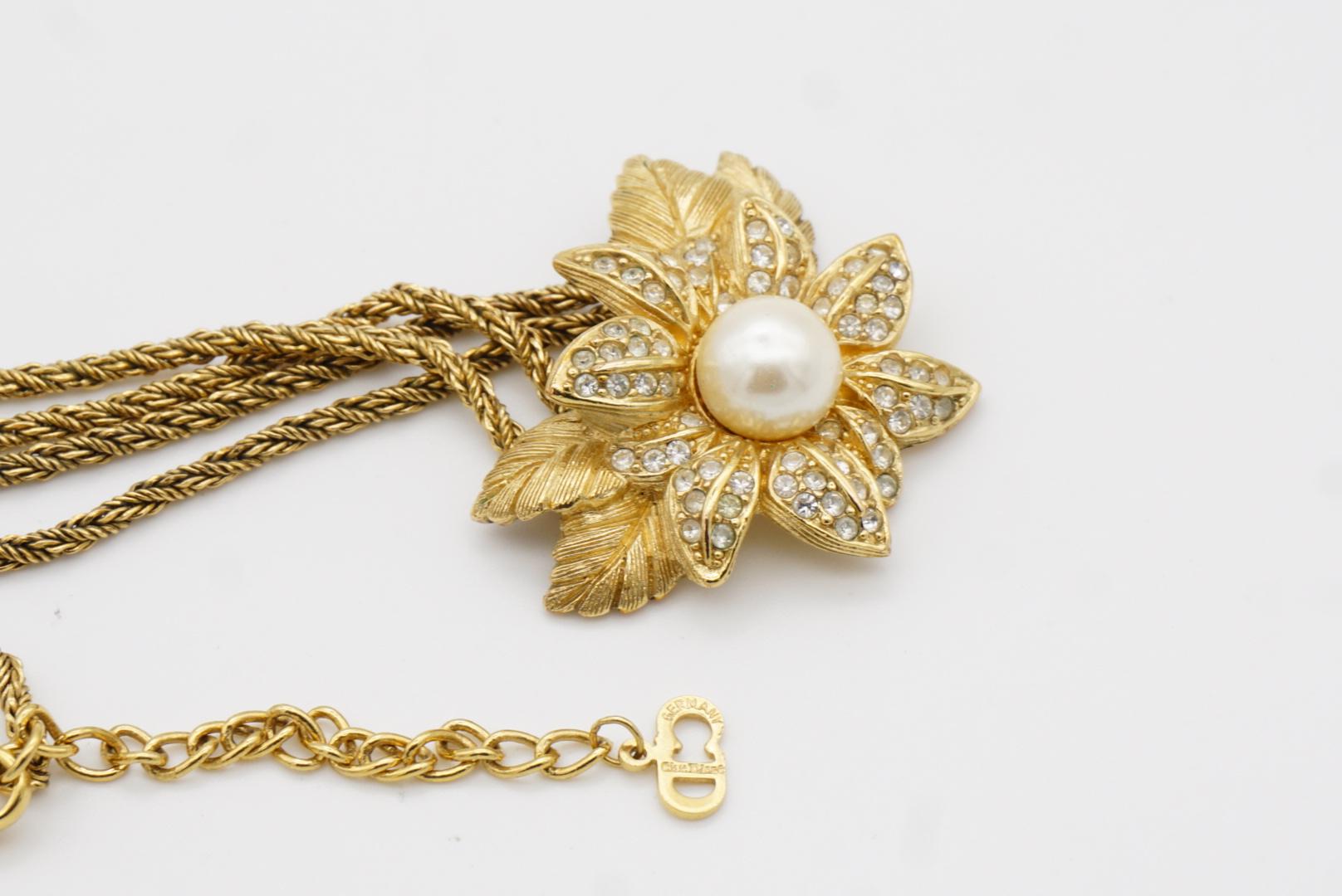Christian Dior Vintage 1980s Floral Leaf Pearl Crystals Pendant Strand Necklace For Sale 8