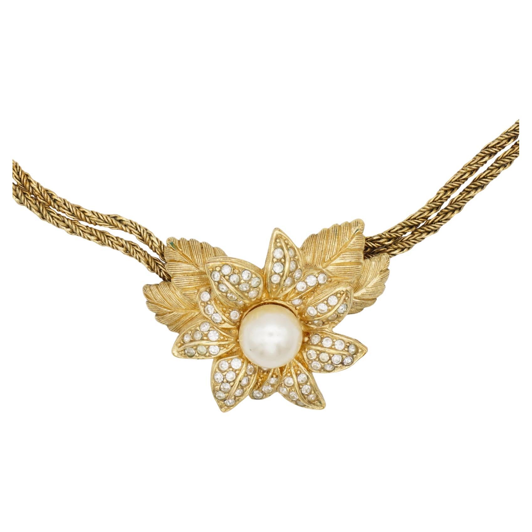 Christian Dior Vintage 1980s Floral Leaf Pearl Crystals Pendant Strand Necklace For Sale