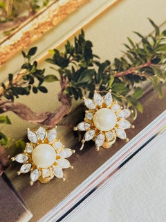 Christian Dior Vintage 1980s Floral White Round Pearl Crystal Gold Clip Earrings