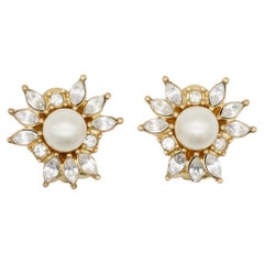 Christian Dior Vintage 1980s Floral White Round Pearl Crystal Gold Clip Earrings