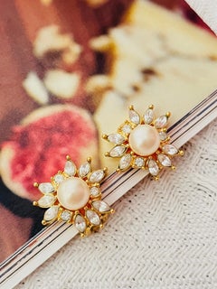 Christian Dior Vintage 1980s Floral White Round Pearl Marquise Crystal Earrings