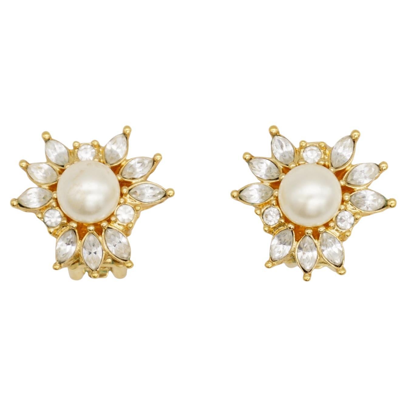 Christian Dior Vintage 1980s Floral White Round Pearl Marquise Crystal Earrings