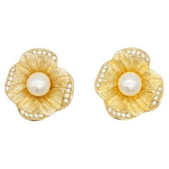 Christian Dior Vintage 1980s Flower White Pearl Crystals Elegant Clip Earrings