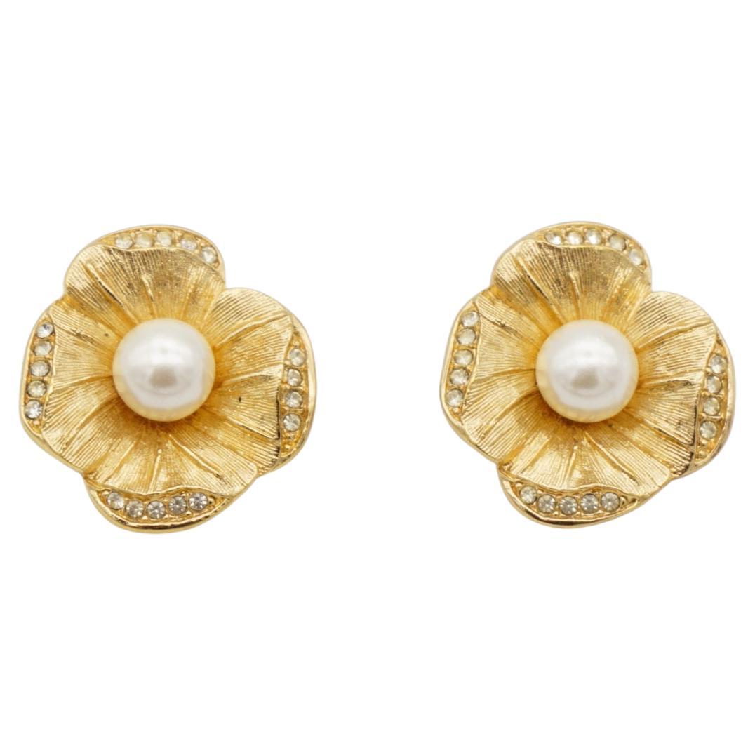 Christian Dior Vintage 1980s Flower White Pearl Crystals Gold Clip On Earrings