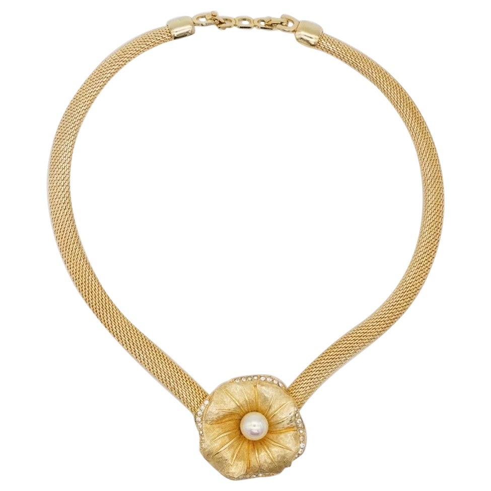 Christian Dior Vintage 1980s Flower White Pearl Crystals Pendant Mesh Necklace