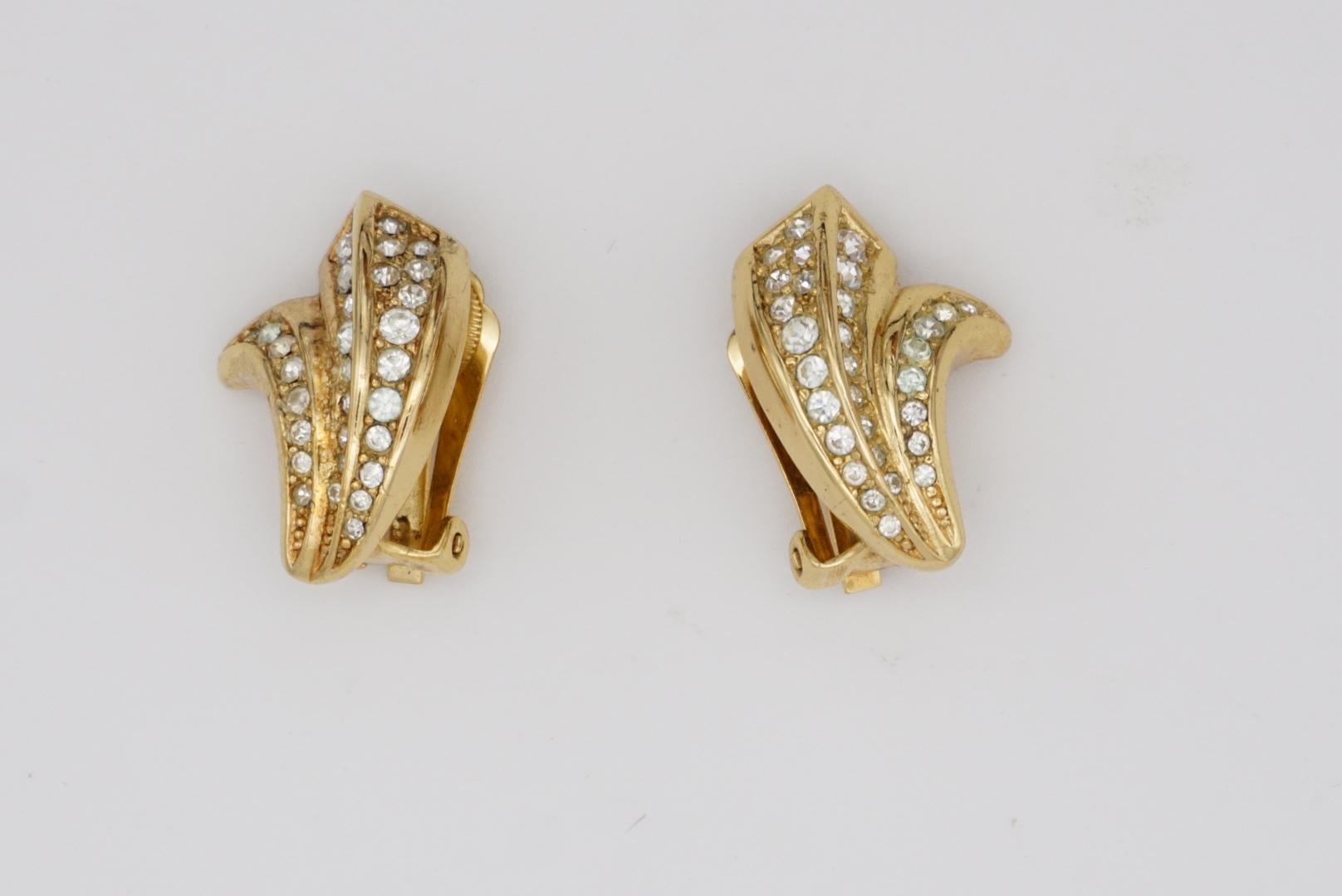 Christian Dior Vintage 1980s Flowers Leaf Crystals Timeless Gold Clip Earrings For Sale 3