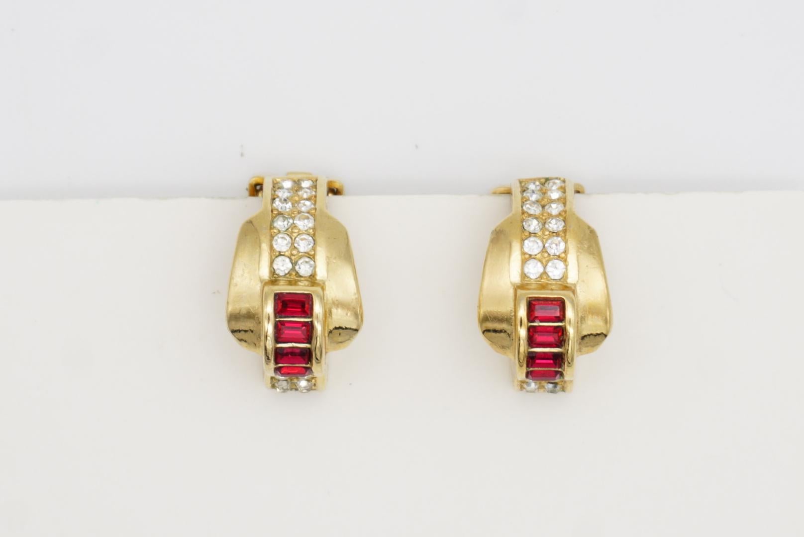 Christian Dior Vintage 1980s Four Ruby Crystals Half Hoop Dome Clip Earrings For Sale 4