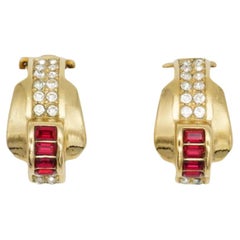 Christian Dior Vintage 1980s Four Ruby Crystals Half Hoop Dome Clip Earrings