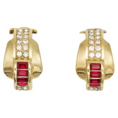 Christian Dior Vintage 1980s Four Ruby Crystals Half Hoop Dome Clip Earrings