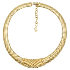 Christian Dior Vintage 1980s Geometric Ribbed Omega Snake Choker Gold Necklace