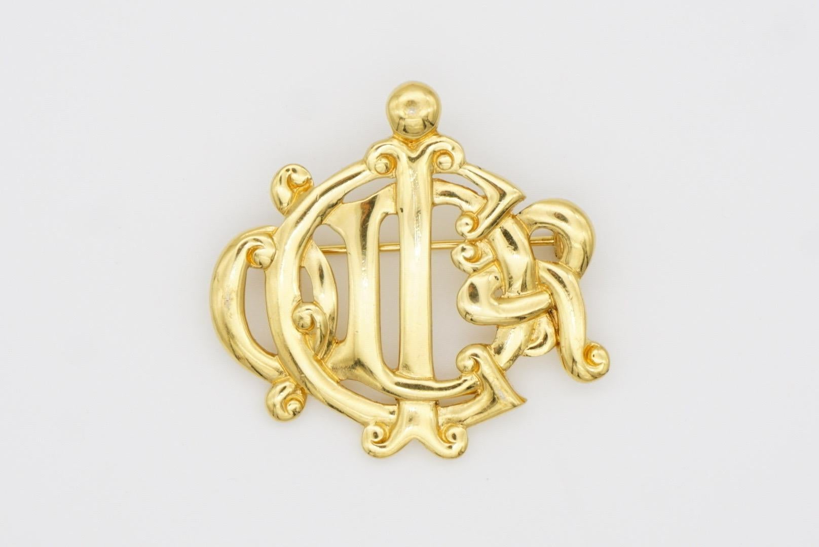 Christian Dior Vintage 1980s Glow Logo Monogram interlocked Letters Gold Brooch For Sale 5