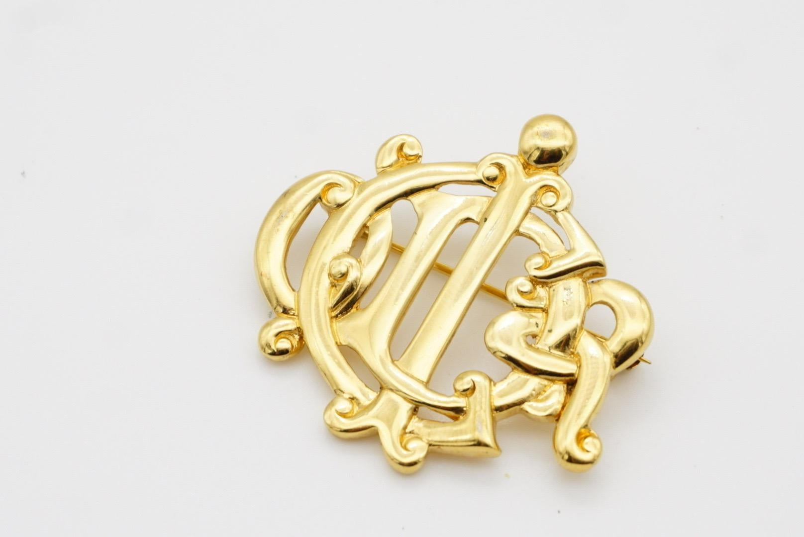 Christian Dior Vintage 1980s Glow Logo Monogram interlocked Letters Gold Brooch For Sale 6