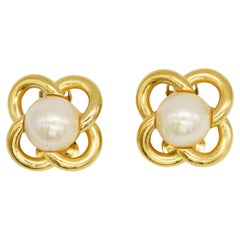 Christian Dior Vintage Años 80 Pendientes Trébol Oro Blanco Perla Redonda Entrelazados