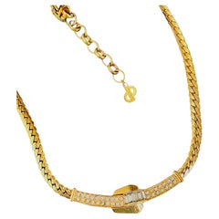 Christian Dior Vintage 1980s Gold Crystals Lock Long Bar Twist Chunky Necklace