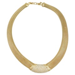 Christian Dior Vintage 1980s Gold Crystals Wide Woven Omega Mesh Chunky Necklace