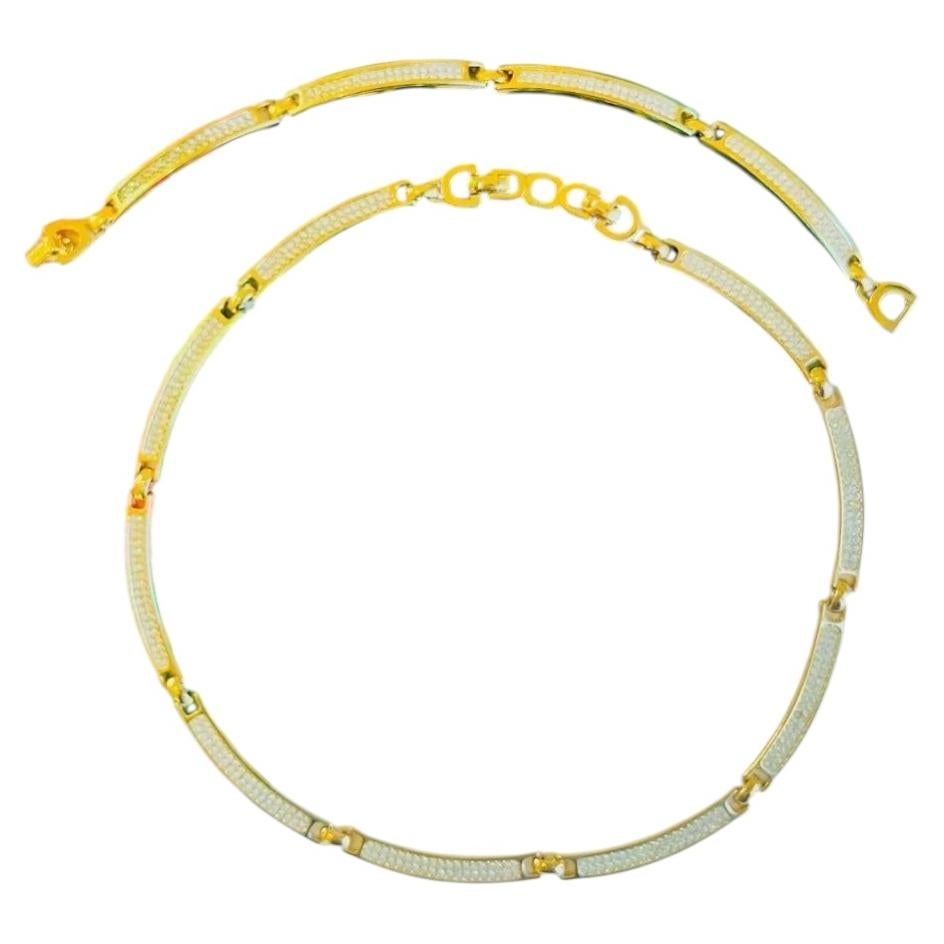 Christian Dior Vintage 1980s Gold Double Crystals Chain Interlocked Linked 2 Set For Sale