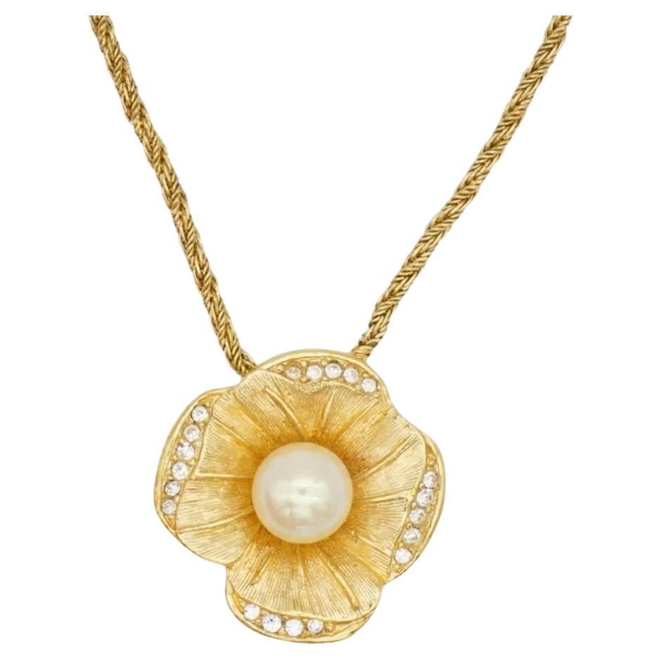 Christian Dior Vintage 1980s Gold Flower White Pearl Crystals Clover Necklace